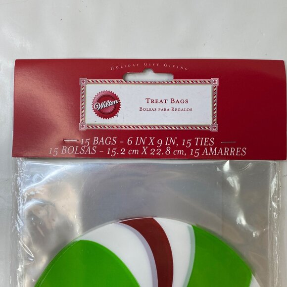 Wilton Treat Bags 6" X 9" Ties Holiday Gift Giving 15 Count Peppermint Design - Picture 3 of 6